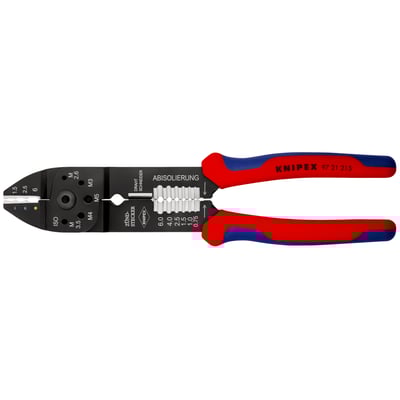 Knipex 97 21 215 crimptang med røde og blå håndtag, viser funktioner for afisolering og crimpning af kabelsko.