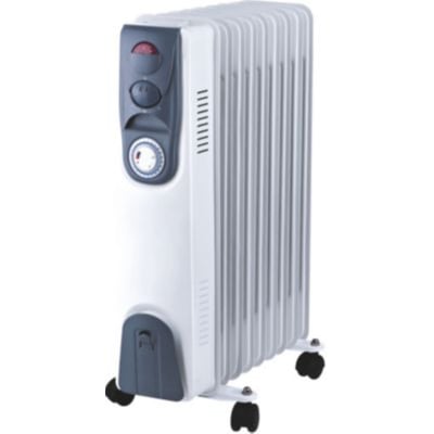 Gripo olietradiator på hjul med 9 ribbede sektioner, 2000W effekt og betjeningspanel i grå og hvid.