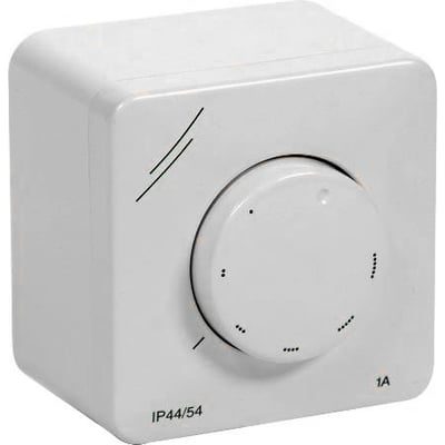 Hvid Systemair REE 1 trinløs hastighedsregulator til AC-motor med rund drejeknap og markering for 1 A.