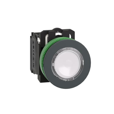 Nærbillede af Schneider Electric flush lampetryk i hvid med angivelser som CE og EAC, 230V LED og 1NO+NC kontakter.