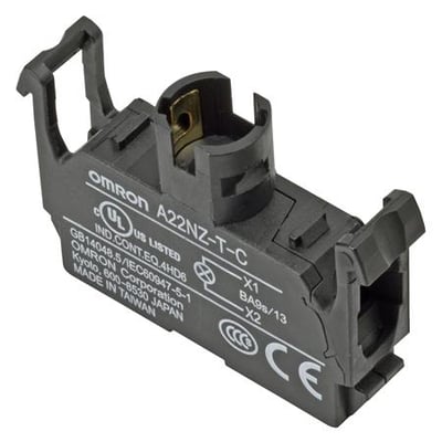 Omron A22NZ-T-E trykknapstilbehør med belysningsenhed til 200/220/230 VAC, fremstillet i Taiwan.