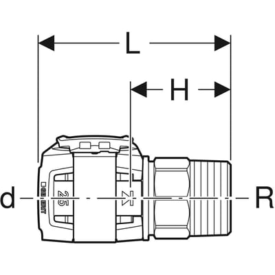 Teknisk tegning af Geberit FlowFit overgang med angivelser for dimensioner L, H, d og R.