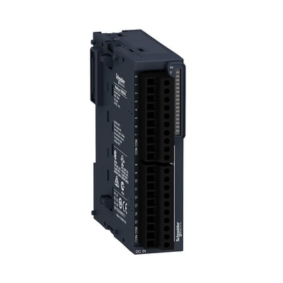 Schneider Electric Modicon TM3 DI16 digitalt indgangsmodul, 16 digitale indgange 24V DC, vist forfra med tydelige skrueklemmer og mærkninger.