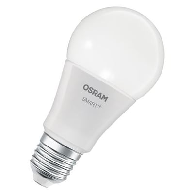 Ledvance Osram SMART+ LED-pære med E27-fatning, 9 W og 806 lumen, vist med mat hvid kuppel og gevindfatning.