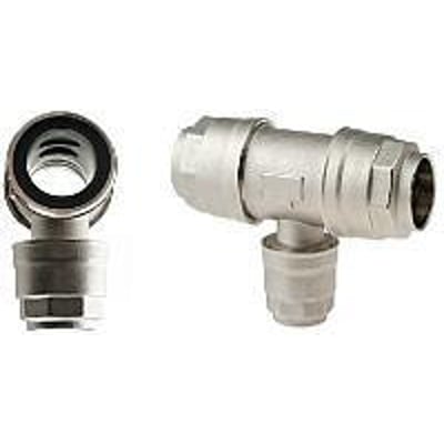 Reduktions-tee i metal til 20x20mm rør, vist fra to vinkler, med fokus på samlingsmekanismen og tee-formen.