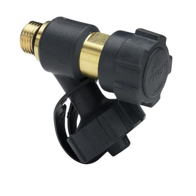 Detalje af Viega 1/4" Easytop aftapventil i rødgods og sort plast, med synlig mærkning.