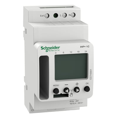 Schneider Electric IHP+ 1C digitalt kontaktur med synlige terminaler til L og N, samt en ekstern indgang og 24-timers urskive vist fra siden.