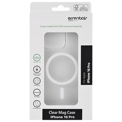 Emballage med transparent MagSafe-cover til iPhone 16 Pro, hvor coveret ses gennem vinduet.