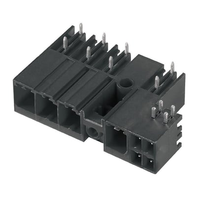 Weidmüller hybrid-konnektor til printkort med fire poler og 7,62 mm afstand, set skråt med metalben synlige.