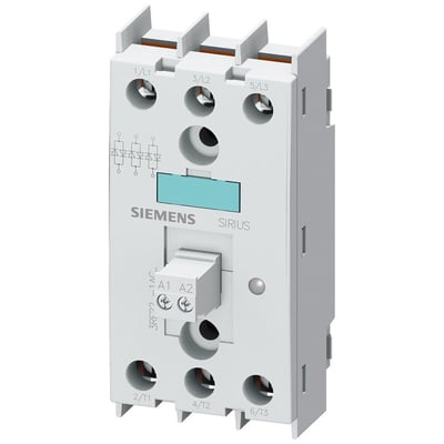 Siemens 3RF2 solid-state relæ med 3-fasede tilslutninger mærket 1/L1, 3/L2, 5/L3 og 2/T1, 4/T2, 6/T3.