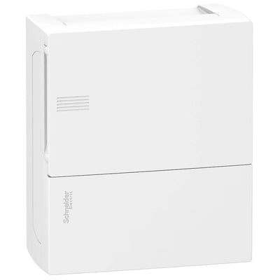 Detalje af Schneider Electric MiniPragma eltavleafdækning i hvid, med synligt Schneider Electric logo på fronten.