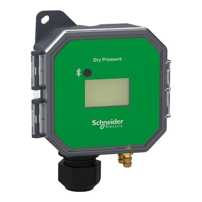Schneider Electric tryksensor med grønt frontpanel, LCD-display og tydeligt Schneider Electric logo.