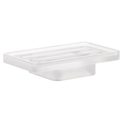 Elegant GROHE Selection Cube sæbeskål i matteret glas, designet til at holde sæben tør på badeværelset.