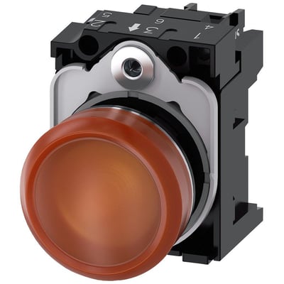 Siemens 22mm signallampe med orange, højglans linse og metalramme, til 24V LED.