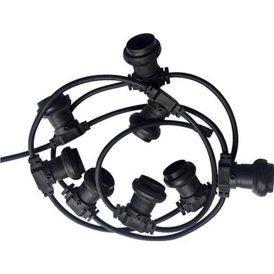 Sort lyskæde på 2,0 meter med E27 fatninger og kraftig H07RN-F 2x1,5 mm2 ledning, isoleret og velegnet til udendørs brug.