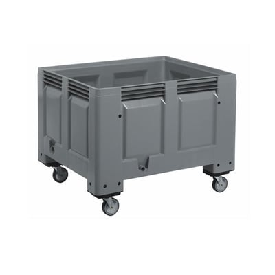 Schoeller Allibert Bigbox i grå plast med 4 hjul, 1200x1000x915 mm og 670 liters volumen, står på hvid baggrund.