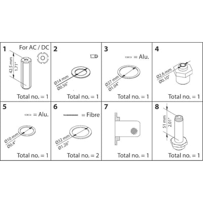 Diagram over vedligeholdelsessæt til Danfoss EVRA 3 og EVRS 3 ventiler, viser 8 forskellige dele med mål.