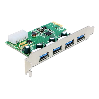 DeLOCK PCI Express x1-kort med fire blå USB Type-A-porte, vist skråt med portene langs metalbeslaget.