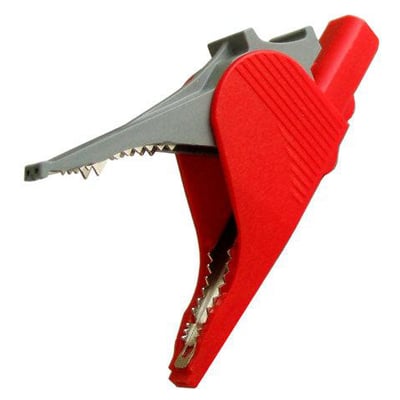 Isoleret krokodillenæb type 5066 med 32mm kæbeåbning, fremstillet i rød og grå plast med savtakkede metalgreb.