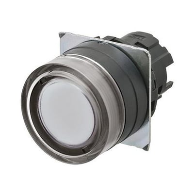 Omron A22NZ trykknap med 22 mm diameter, oplyst, gennemsigtig hvid hætte og plast bezel.