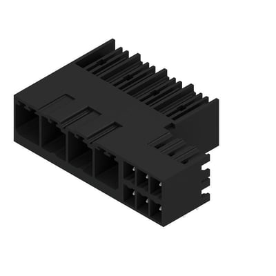 Weidmüller hybridstik til printmontering med fire poler og 7,62 mm stikafstand, set skråt forfra.