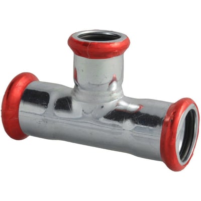 Unico forzinket T-stykke, 54x28x54mm, med 3 presmuffer og tydelig rød markering ved hver ende.