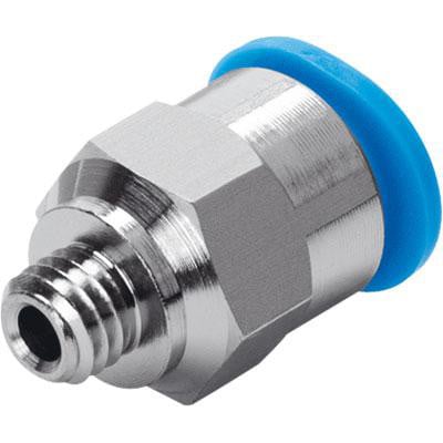Festo lige forskruning QSM-M3-4 med M3 gevind og blå tætningsring, viser udvendig sekskant til montering.