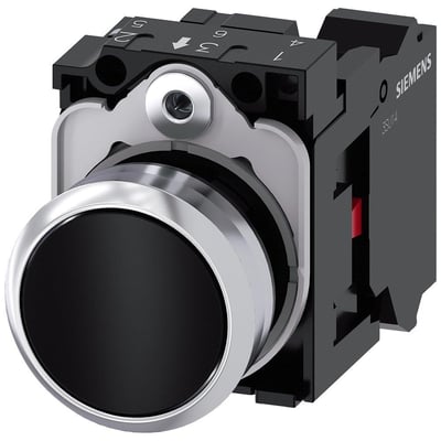Siemens Sirius Act trykknap i sort metal med rund, flad betjeningsflade og 22mm diameter.