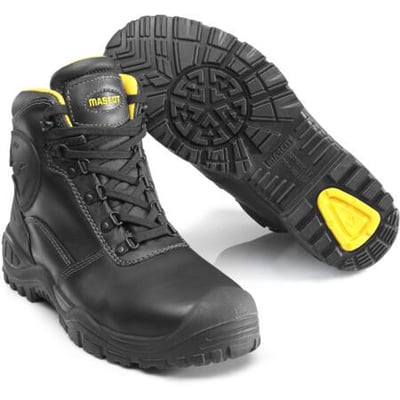 Mascot Batura Plus 1139 sikkerhedsstøvle med aluminium tåkappe og Pronose i sort læder med gule detaljer.