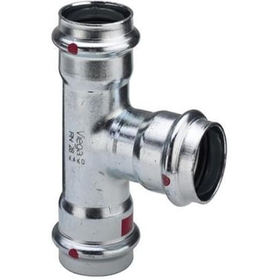 Detaljeret billede af Viega Prestabo T-stykke i forzinket stål, der viser de præcise dimensioner og SC-Contur-mærkning for sikker samling.