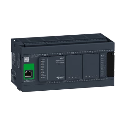 Schneider Electric Modicon M241 PLC med 24VDC forsyning, 24 indgange og 16 NPN udgange, med integreret Ethernet og Modbus kommunikation.
