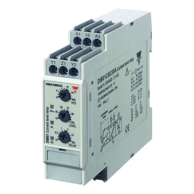 Carlo Gavazzi 1-faset AC/DC-strømrelæ med sand RMS-måling, justeringsknapper og klemmer, set skråt forfra og fra siden.