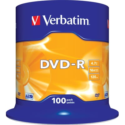 Verbatim DVD-R-medier med AZO-teknologi ses i blå og orange spindelemballage; etiketten angiver 16x og 4,7 GB.