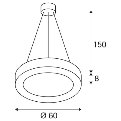 Målskitse af den hvide SLV Medo ring 60 LED-pendel med ringformet skærm og ophæng.