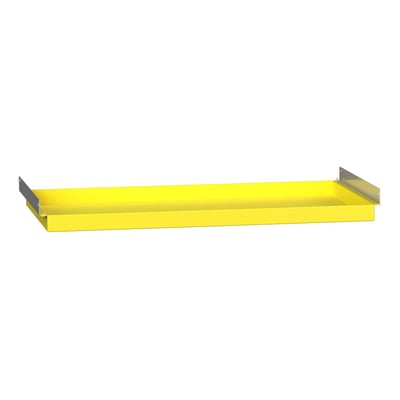 Ekstra hylde til kemiskab i gul farve med stålbeslag, måler 525x350 mm.