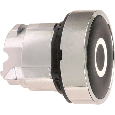 Schneider Electric ZB4BA232 sort trykknap med plan overflade og 22mm diameter. Nærbillede af funktionen og metalringen.