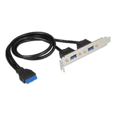 DeLock sort slotplade med kabel, IDC20-stik og to blå USB-A-hunstik til USB 3.0-header.