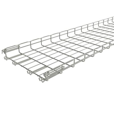 Detaljeret vinkel af Legrand gitterbakke FC 54/400-R, visende Fasclic+ samlingssystem og sikkerhedskant i rustfrit stål.