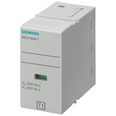 Siemens 5SD744-1 overspændingsbeskyttelsesmodul, 1-polet, type 1 L-N, 350V UC, med grøn indikator og T1 mærkning.