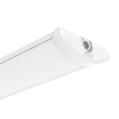 Hvidt NVC Lighting Cornell Lite LED-armatur på 606 mm med mønstret lysflade og afrundet endestykke, set skråt nedefra.