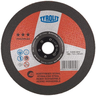 Tyrolit skrubskive A30R-BFX 125x7x22,23mm til rustfrit stål, viser omdrejningshastighed og type.