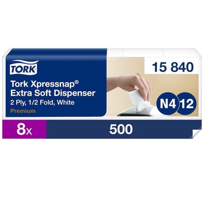 Tork Xpressnap servietpakke med 500 stk. 2-lags hvide servietter, system N4, 8 pakker.