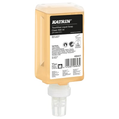Katrin cremesæbe 48441 i 500 ml beholder til dispenser, vist forfra med transparent doseringskobling.