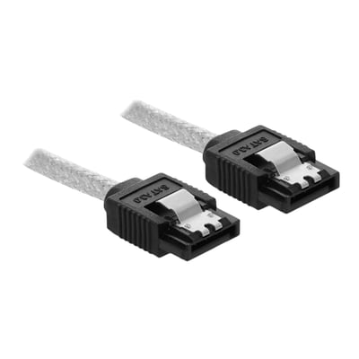 DeLock SATA 6 Gb/s datakabel på 20 cm med sort stik og metalclip på hvid baggrund.