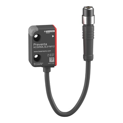 Telemecanique Sensors Preventa XCS RFID-sikkerhedskontakt med generisk kodning, kabel og 8-bens M12-stik, set skråt forfra.