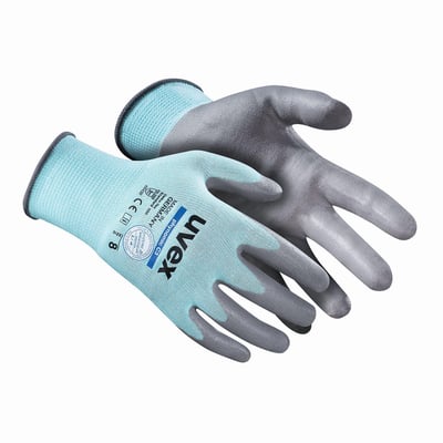 Uvex skærefaste handske CUT B Phynomic C3 i str. 9, lavet af lyseblåt strikket materiale med grå polymer skumbelægning på fingre og håndflade.
