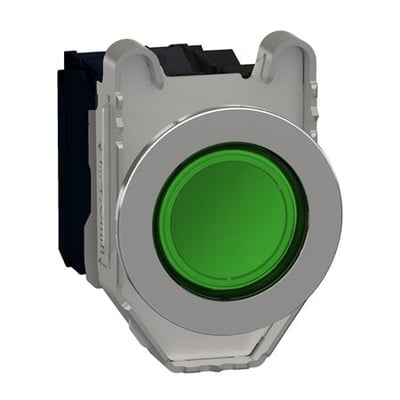 Schneider Electric Harmony XB4/ZB4 komplet lampetryk i metal med grøn flush trykflade og synligt bagmonteret modul.