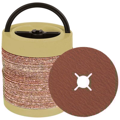 Tyrolit Cerabond X fiberrondel til stål og rustfrit stål i beige beholder med en fiberrondel foran.