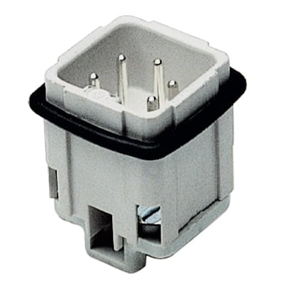 Procon A-stikindsats 4P+J, 10A/250-400V, med synlige skrueklemmer og fire metalstifter. Grå plast og sort pakning.