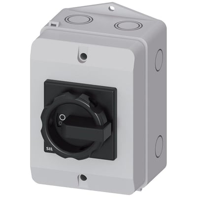 Siemens SENTRON 3LD2 hovedafbryder, 3-polet, 32 A og 400 V, i gråt kabinet med sort drejegreb.